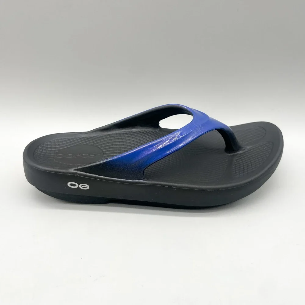 Oofos Womens 7 OOlala Recovery Shoes Thong Sandals Blue Black Yoga Beach Comfort